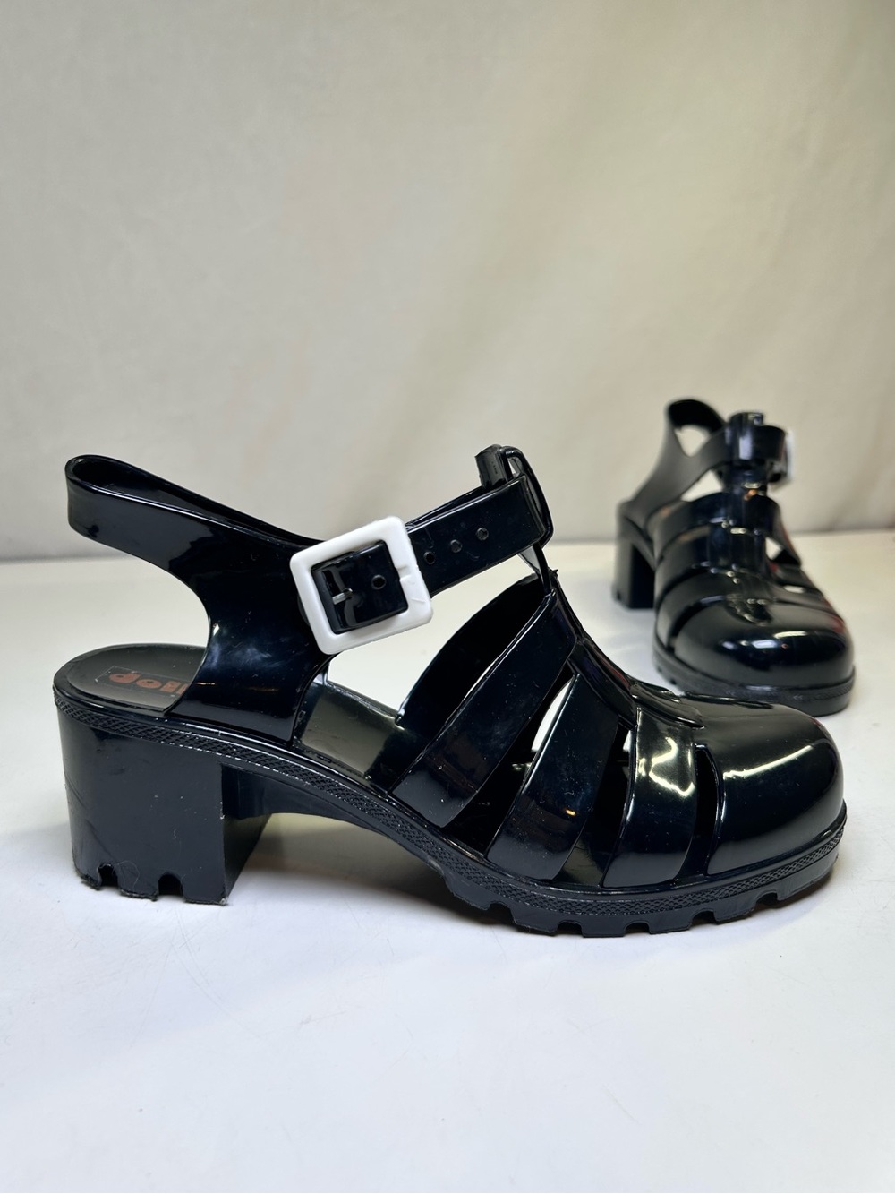 DollyMix Black Heeled Jelly Sandals Chunky Heel, Platform Buckle Strap. Size 6